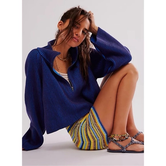 Free People Greta Half Zip Sweater Cropped Ribbed Knit Dark Navy Cobalt Blue XS - Picture 1 of 10